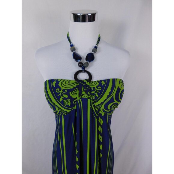 Carole Little Blue Green Halter Maxi Dress 4 - Beaded Neckline - Excellent - Picture 2 of 12